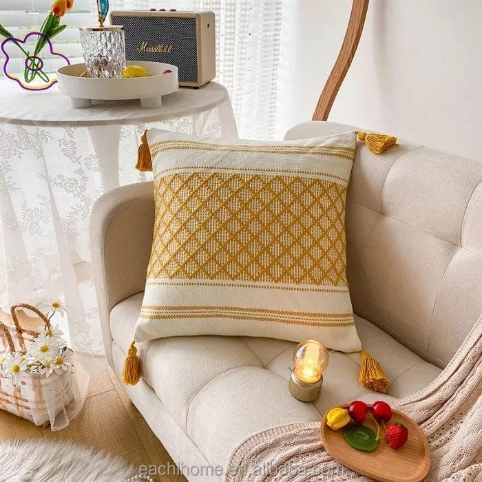 Moroccan Boho Tassel Cushion Cover | Woven Tufted Design - 45x45cm Home Décor