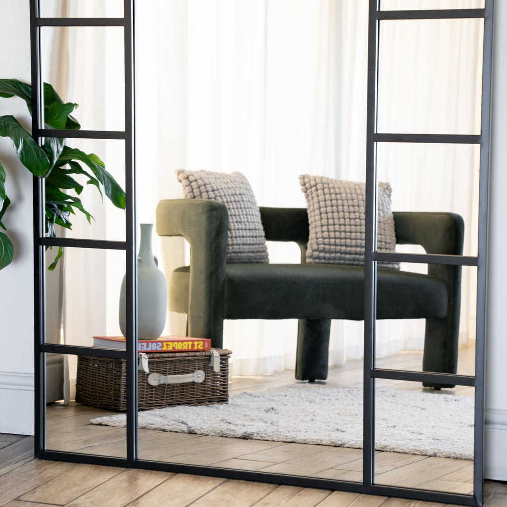 Mio - Full Length Black Metal Arched Window Mirror - 180cm x 90cm.